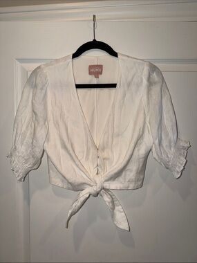 Show Me Your MuMu Kimmy White Tie-Front Puff Sleeve Blouse